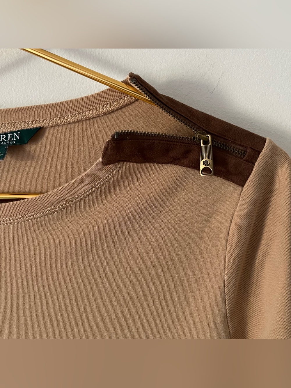 Lauren Ralph Lauren Tan Brown 100% Cotton Top Elbow Patch Equestrian Neutral L - Picture 4 of 8
